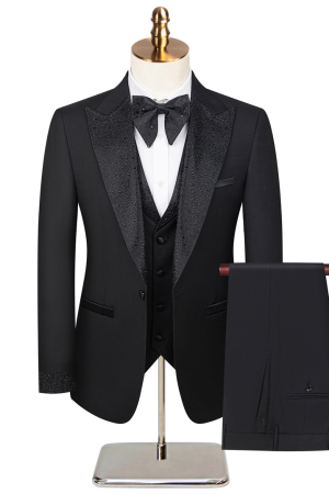 Men's Black 3-Piece Tuxedo Suit with Rhinestone Shawl Lapel, Single Breasted