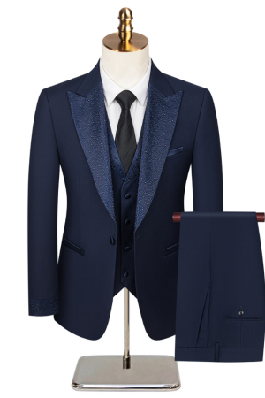 Men's Navy Blue 3-Piece Tuxedo Suit with Rhinestone Shawl Lapel, Single Breasted