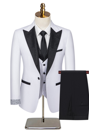 Men's White 3-Piece Tuxedo Suit with Rhinestone Shawl Lapel