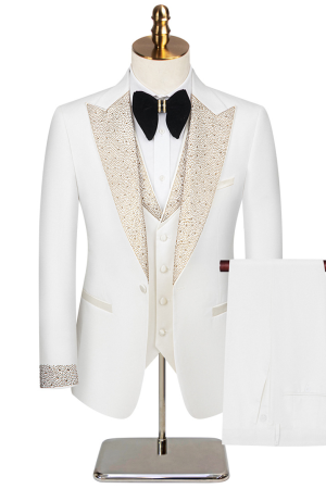 Men's Milky white 3-Piece Tuxedo Suit with Rhinestone Shawl Lapel