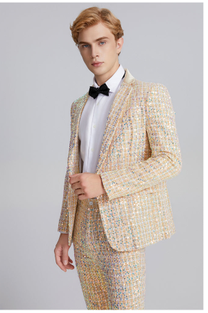 Premium Men's Sparkle Gridline Suit Champagne Linen 2-Piece