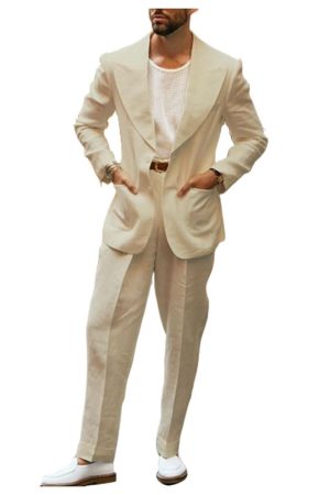 Casual Mens Linen Suit Cotton Tailored Beach Wedding Suit