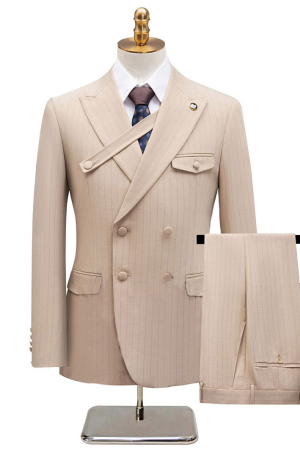 Khaki Luxury Pinstripe Suit 2 Pieces Double Breasted Blazer and Pant for Formal Wedding Business