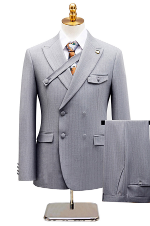 Gray Luxury Pinstripe Suit 2 Pieces Double Breasted Blazer and Pant for Formal Wedding Business
