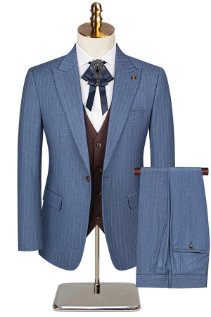 Luxury Men's 3-Piece Suit Striped Blue Blazer with a Brown Vest