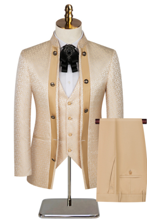 Men Champagne Blazer Vest Pants 3 Pieces Set / Male Wedding Business Suit Jacket Coat