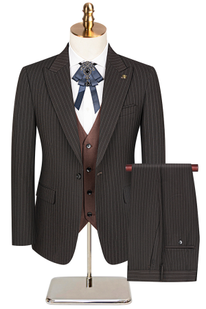Luxury Men's 3-Piece Suit Striped Dark Brown Blazer with a Coffee-colored Vest