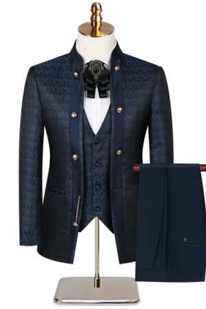 Men Navy Blue Blazer Vest Black Pants 3 Pieces Set / Male Wedding Business Suit Jacket Coat