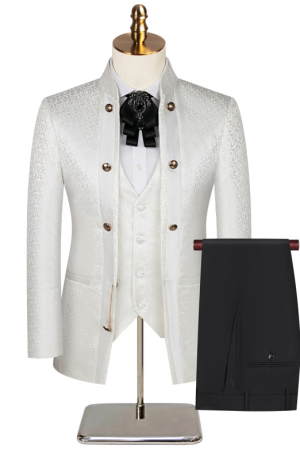 Men White Blazer Vest Black Pants 3 Pieces Set / Male Wedding Business Suit Jacket Coat