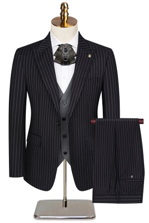 Luxury Men's 3-Piece Suit Striped Black Blazer with a Gray Vest