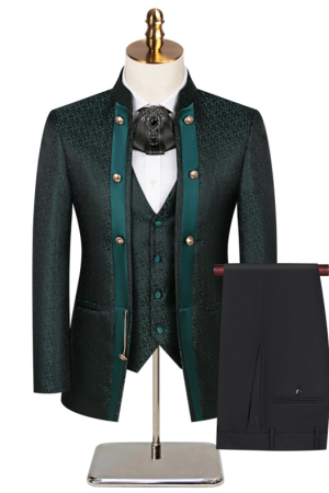 Men Green Blazer Vest Black Pants 3 Pieces Set / Male Wedding Business Suit Jacket Coat