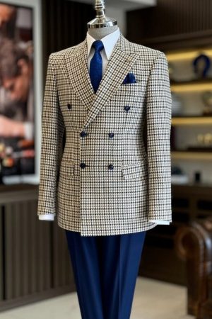 Luxury Men's Houndstooth Suit Double Breasted Peak Lapel  Formal Suit