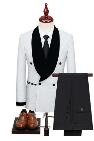 Men's 2 Piece Shawl Lapel Tuxedo Suit White Blazer with Black Pants