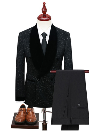 Men's 2 Piece Shawl Lapel Tuxedo Suit Black Blazer Pants