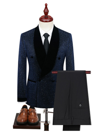 Men's 2 Piece Shawl Lapel Tuxedo Suit Navy Blue Blazer with Black Pants
