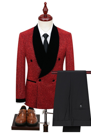 Men's 2 Piece Shawl Lapel Tuxedo Suit Red Blazer with Black Pants