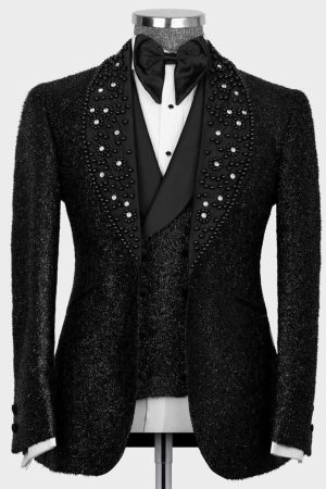 Men's Luxury Black Shawl Lapel Tuxedo 3-Piece Blazer Pant Vest