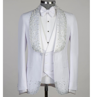 White Luxury Men's Tuxedo Suits 3 Pieces Jacket Vest Pants Set - Image 2