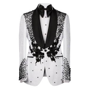 Luxury White Jacquard Suit for Men | Slim Fit Prom & Wedding Tuxedo with Black Crystal Accents - Image 3