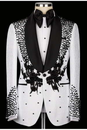 Luxury White Jacquard Suit for Men | Slim Fit Prom & Wedding Tuxedo with Black Crystal Accents