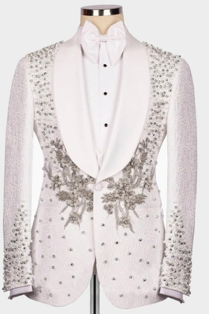 Luxury Men's Rhinestone Paisley Tuxedo White Blazer