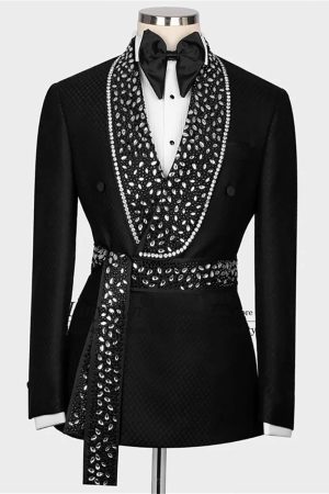 Men's Luxury Rhinestone Tuxedo Formal Jacquard Black Jacket Blazer for Prom Party Wedding