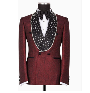 Men's Burgundy Tuxedo with Rhinestone Slim Blazer for Prom Party Wedding - Image 3
