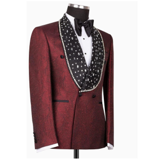 Men's Burgundy Tuxedo with Rhinestone Slim Blazer for Prom Party Wedding - Image 4