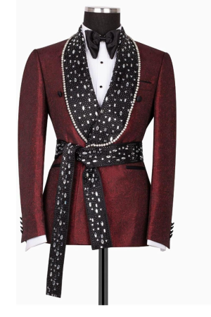Men's Burgundy Tuxedo with Rhinestone Slim Blazer for Prom Party Wedding