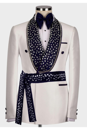 Men's White Tuxedo with Rhinestone Slim Blazer for Prom Party Wedding
