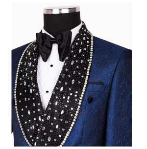 Men's Navy Blue Tuxedo with Rhinestone Slim Blazer for Prom Party Wedding - Image 2