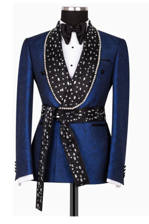 Men's Navy Blue Tuxedo with Rhinestone Slim Blazer for Prom Party Wedding