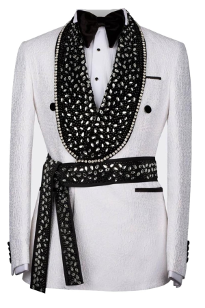 Men's White Tuxedo with Rhinestone Slim Blazer for Prom Party Wedding
