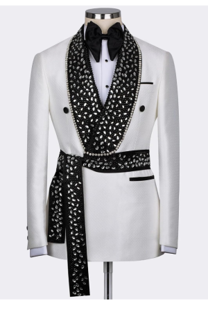 Men's White Tuxedo with Rhinestone Slim Blazer for Prom Party Wedding