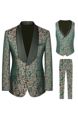 Green Paisley Jacquard Prom Tuxedo Wedding Groom 3 Pieces Suits