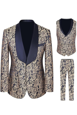 Navy Blue Paisley Jacquard Prom Tuxedo Wedding Groom 3 Pieces Suits
