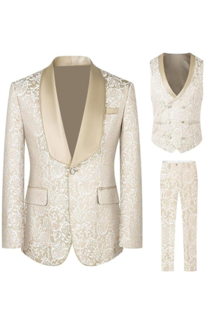 Champagne Paisley Jacquard Prom Tuxedo Wedding Groom 3 Pieces Suits
