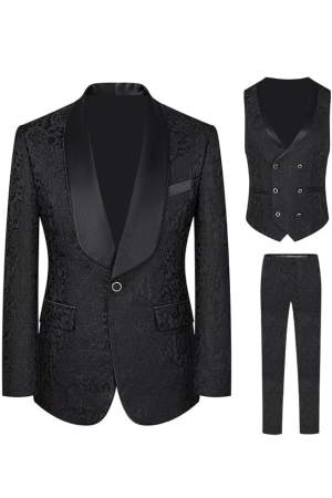 Black Paisley Jacquard Prom Tuxedo Wedding Groom 3 Pieces Suits