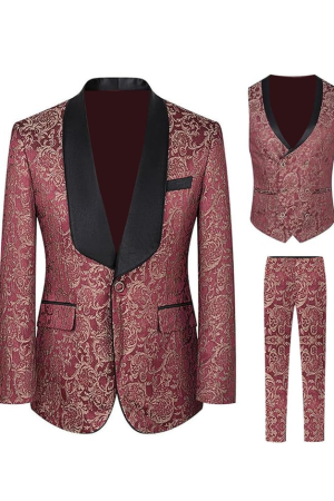 Red Paisley Jacquard Prom Tuxedo Wedding Groom 3 Pieces Suits