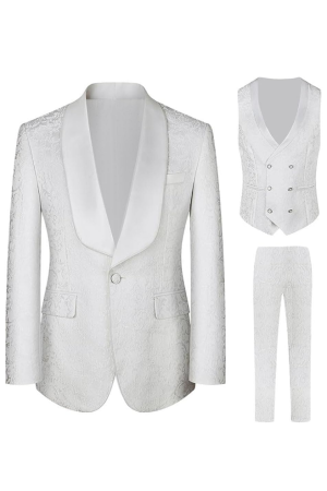 White Paisley Jacquard Prom Tuxedo Wedding Groom 3 Pieces Suits