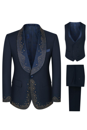Navy Blue Luxury Diamonds Shawl Lapel 3 Pieces Mens Prom Tuxedo