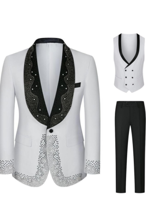 White Luxury Diamonds Shawl Lapel 3 Pieces Mens Prom Tuxedo