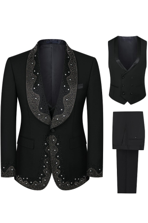 Black Luxury Diamonds Shawl Lapel 3 Pieces Mens Prom Tuxedo