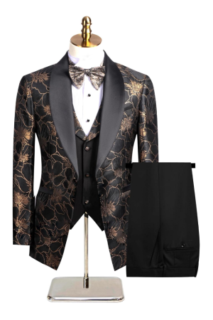 Men's Black Tuxedo Paisley Groom 3 Pieces Wedding Blazer Jacket Vest Pants Sets Floral Formal Suits for Party Dinner Prom