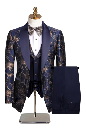 Men's Navy Blue Tuxedo Paisley Groom 3 Pieces Wedding Suit