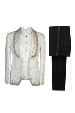 White Luxury Men's Crystal stone Tuxedo Suits 3 Pieces Jacket Vest Pants Set