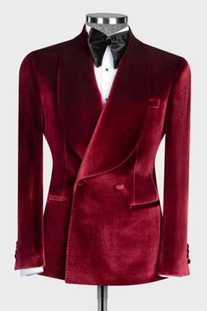 2 Piece Red Velvet Blazer & Black Pant Wide Shawl Lapel Men's Double Breasted Suit Tuxedo