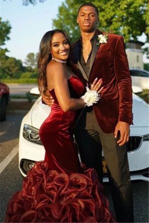LWTIOUS Red Velvet Blazer Suit Shawl Lapel Prom with Black Pants