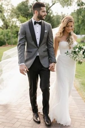 Gray Wedding Suit 2 Pieces Shawl Lapel One Button Prom Tuxedo With Black Pants