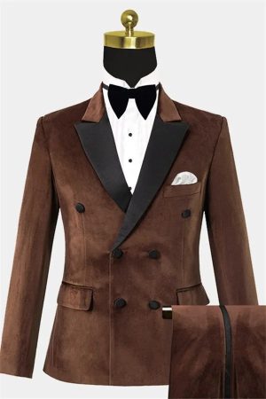 LWTIOUS Brown Velvet Blazer Tuxedo 2 Pieces Double Breasted Notched Lapel Suits Prom